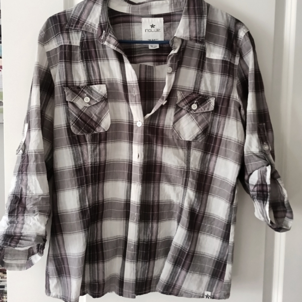 EUC Nollie 3/4 Sleeve Button Down Plaid Shirt - Pink, Black, and White